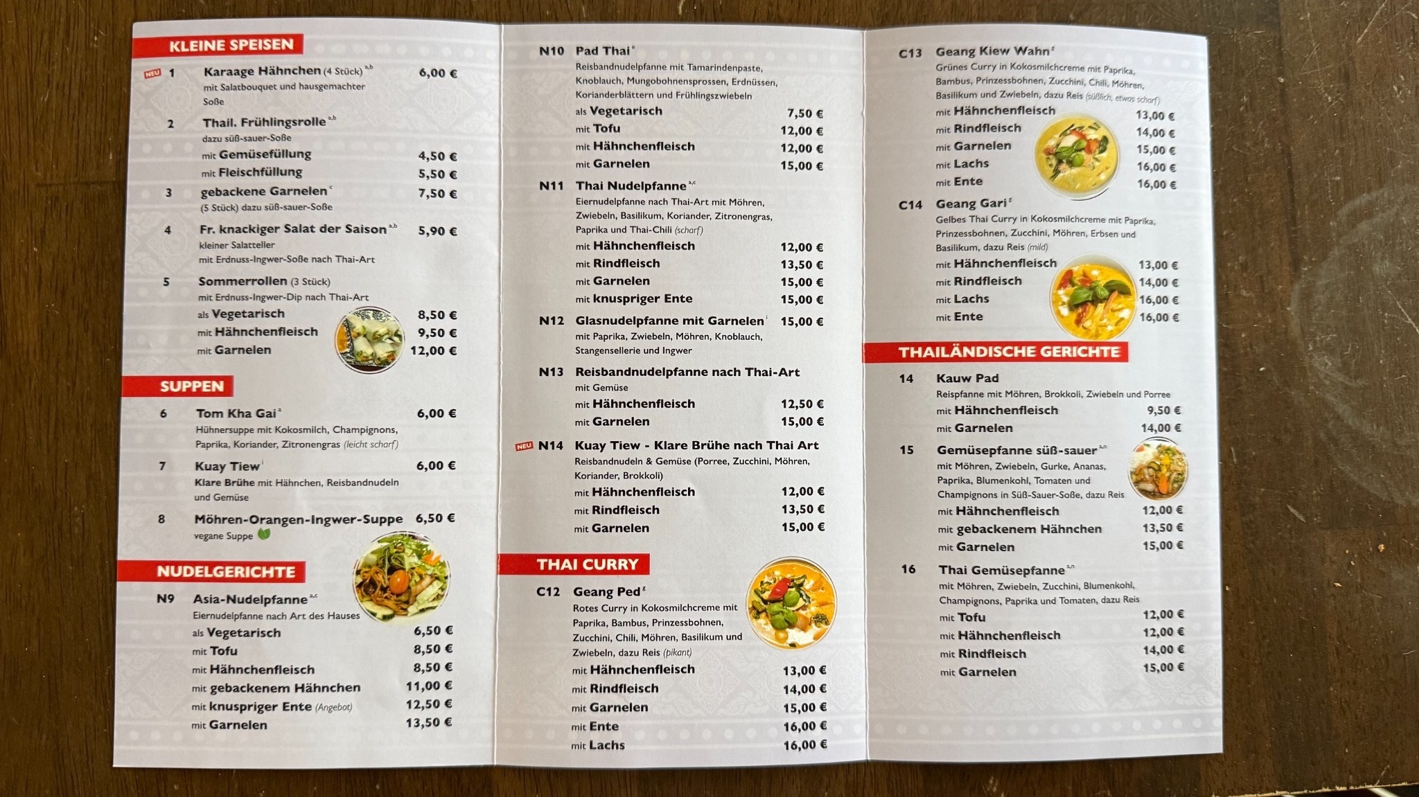 Innenseite der Speisekarte